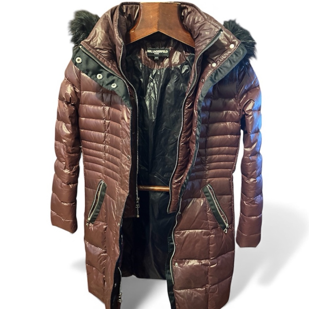 Karl Lagerfeld Dark Brown Burgundy Puffer Jacket with Black Fur Hood size M